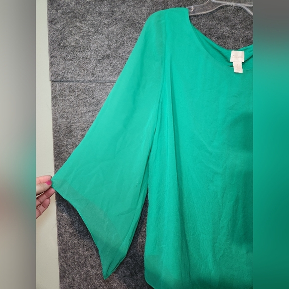 CHICO'S Womens Green Top Size 1 Small (8) 2-Layers Sheer Sleeves - Picture 6 of 7
